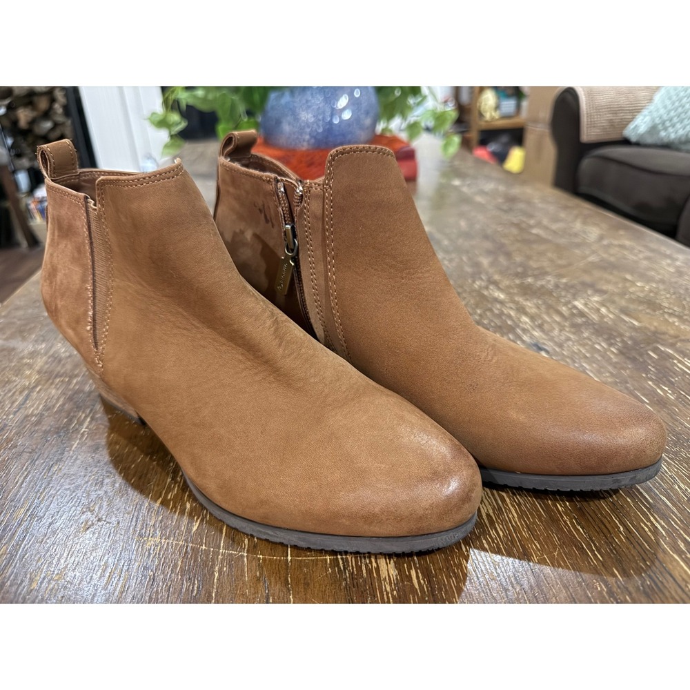 Blondo Waterproof Brown Leather Ankle Boots Cognac Stacked Heel Womens 9.5 M